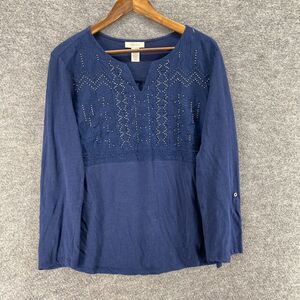 Style&co. Blouse Women M Medium Blue Geometric Rhinestone V-Neck Long Sleeve